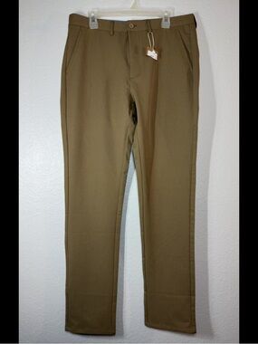 ESSYSHE  Slim Fit Khaki Polyester Casual Pants Flat Front Straight Mens 33/34